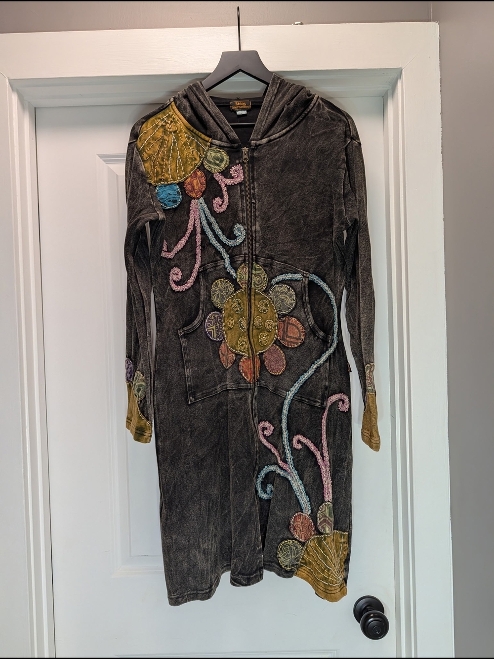 Rising International Charcoal Zip Hoodie Jacket with Multicolor Floral Appliqué